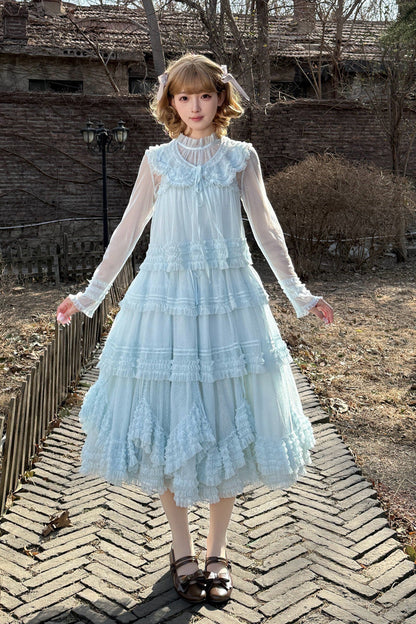 Sweet Stand Collar Long Sleeve Multi Layer Ruffle Color Block Lolita Tiered Dress 14 Colors