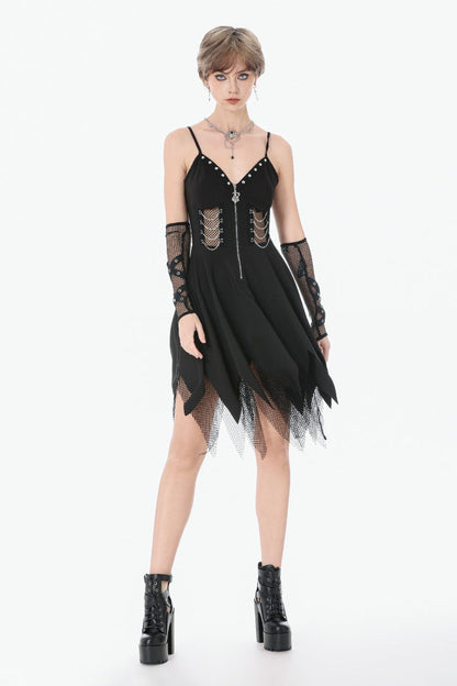 Studded Mesh Punk Slip Dress with Zippers