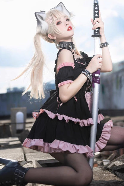 Black Pink Sleeveless Multi-Layer Ruffle Bow Sweet Lolita JSK Dress