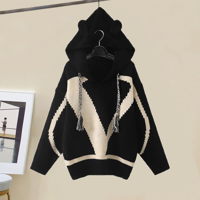 Graphic Bear Ears Hooded Sweater Fringed Knit Pants