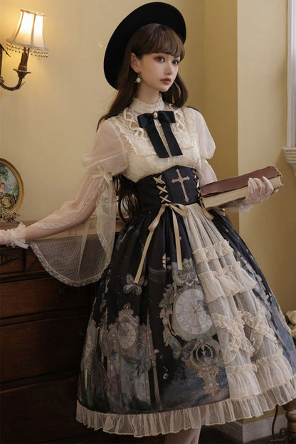 Cardigan with Lace Ruffles and Clock Butterfly Print Skirt Set