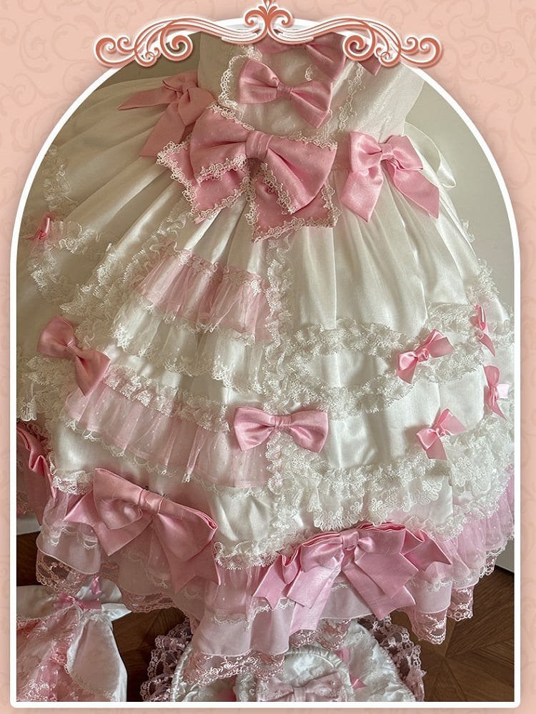Pink Bow Accents White High Waist Sweet Princess Lolita Dress with Detachable Sleeves