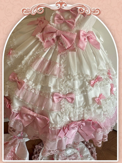 Pink Bow Accents White High Waist Sweet Princess Lolita Dress with Detachable Sleeves