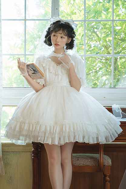Ivory Multi-Layered Ruffled Hollow Bow Lace Vintage Lolita Dress