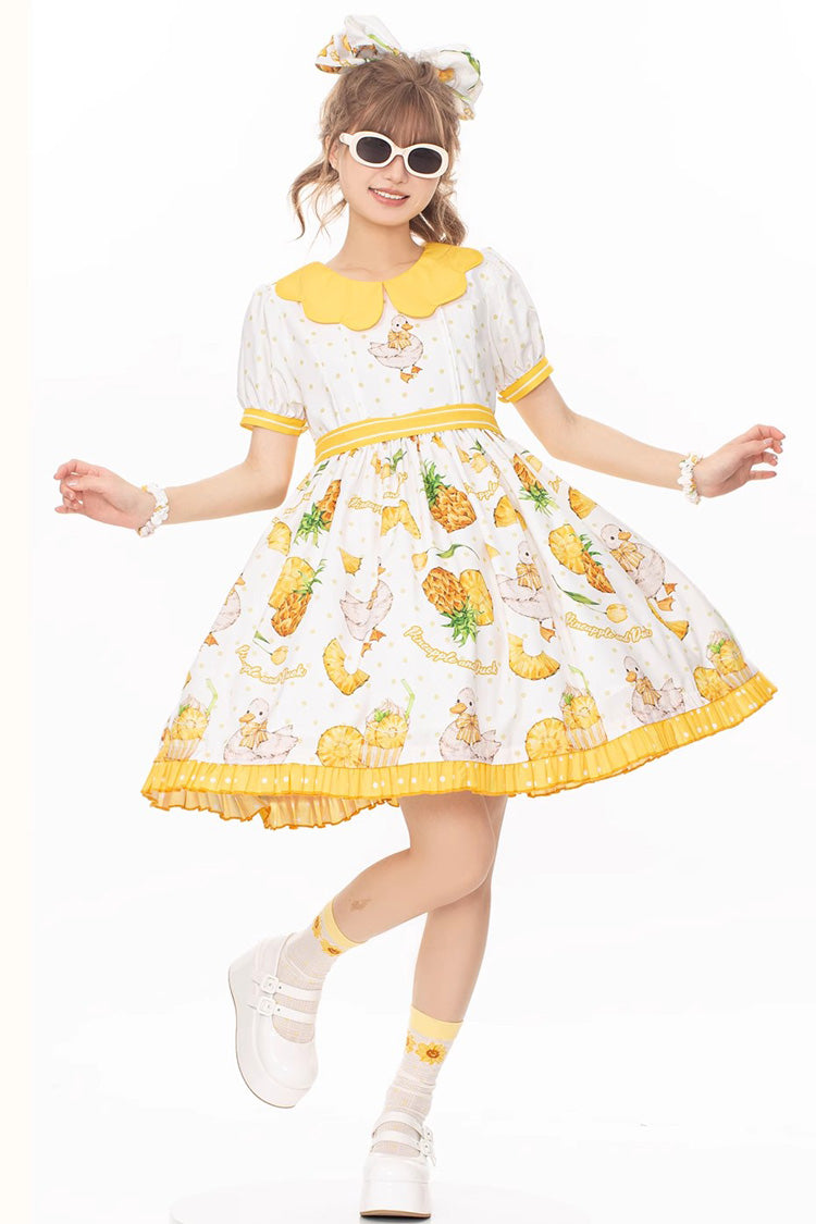 White and Yellow Sweet Duck Print Puff-Sleeved Lolita OP Dress