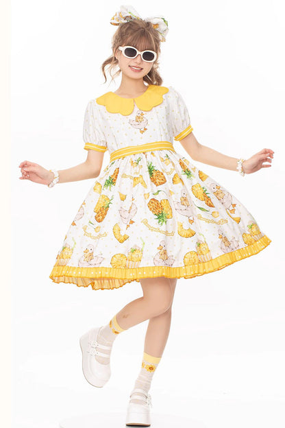 White and Yellow Sweet Duck Print Puff-Sleeved Lolita OP Dress