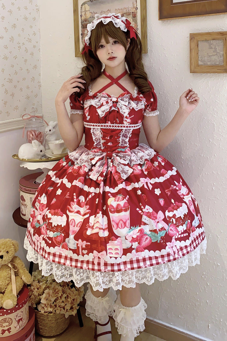 Red Strawberry Parfait Print Short Sleeve Ruffle Bow Lace Lace-Up Sweet Lolita Dress
