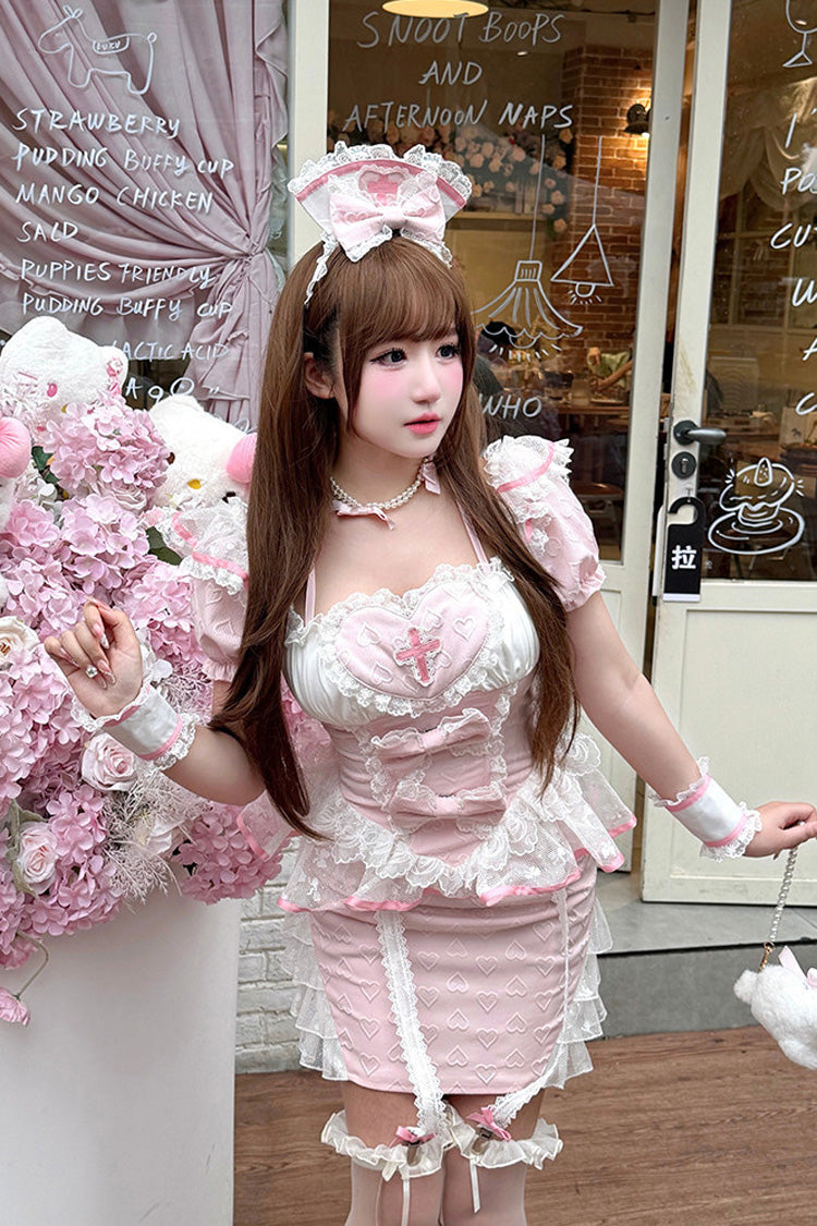 Rose Square Collar Short Sleeve Jacquard Ruffle Embroidered Bow Lace Chinese Sweet Lolita Two-Piece - Little Nurse