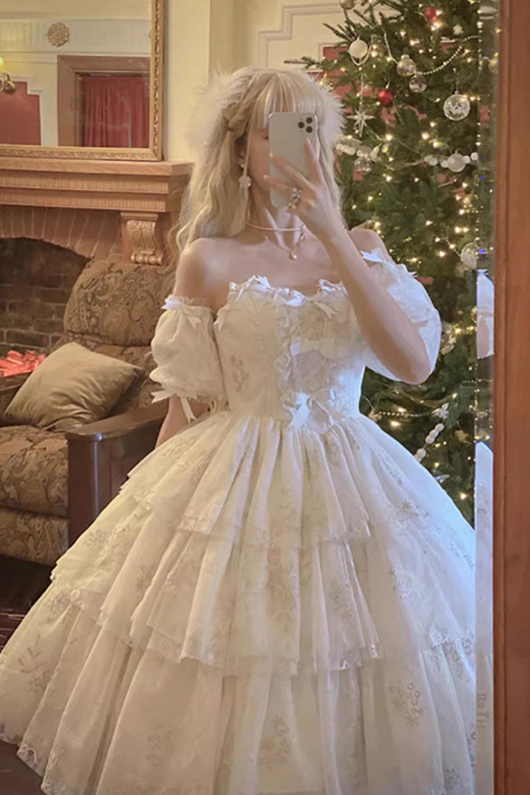 White Short-Sleeved Multi-Layer Printed Hanayome Bow-Trim Sweet Princess Lolita Strapless Dress