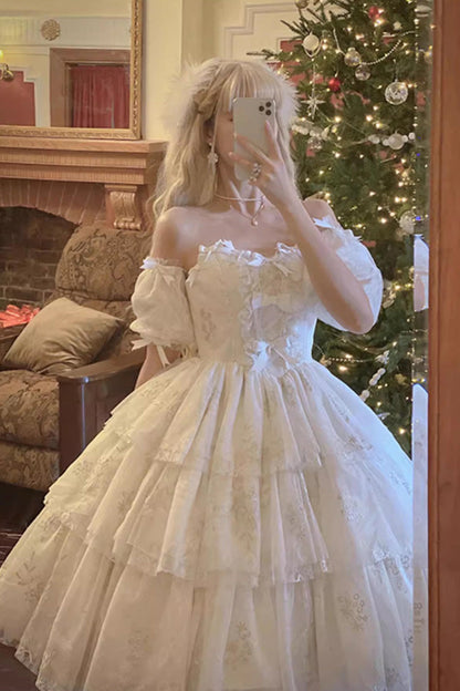 White Short-Sleeved Multi-Layer Printed Hanayome Bow-Trim Sweet Princess Lolita Strapless Dress