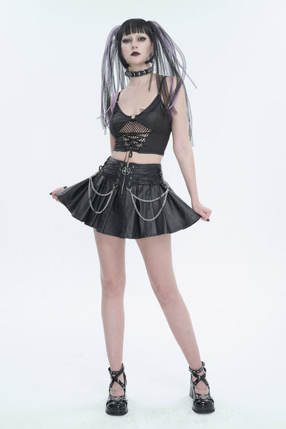 Gothic Women's Pleated Skirt with Faux Leather Web Eyelet Adjustable String and Chain