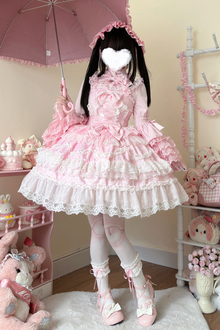 Rose Sleeveless Multi-Tier Ruffle Bow Lace Pearl Sweet Lolita Jumper - Love and Heart Flutter