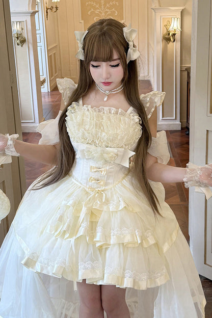 Mousse Love Song Off-Shoulder Sleeveless Triple-Layered Ruffled Hanayome Bow Sweet Elegant Ballet Lolita Short Dress Set in Beige