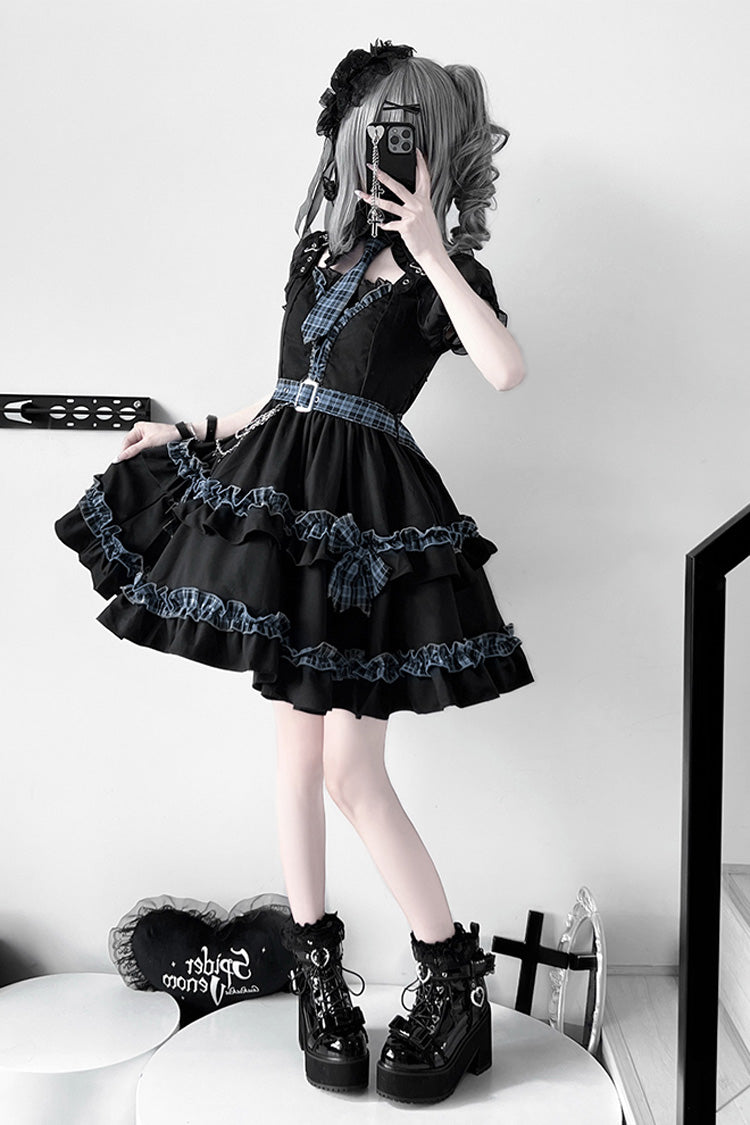 Black Dark Night Starlight Chain Ruffle Bow Lace Buckle Gothic College Lolita Dress Set