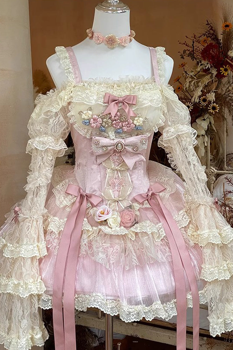 Pink Delicate Lace Flowers Love Song Bowknot Lace Sweet Lolita Dress