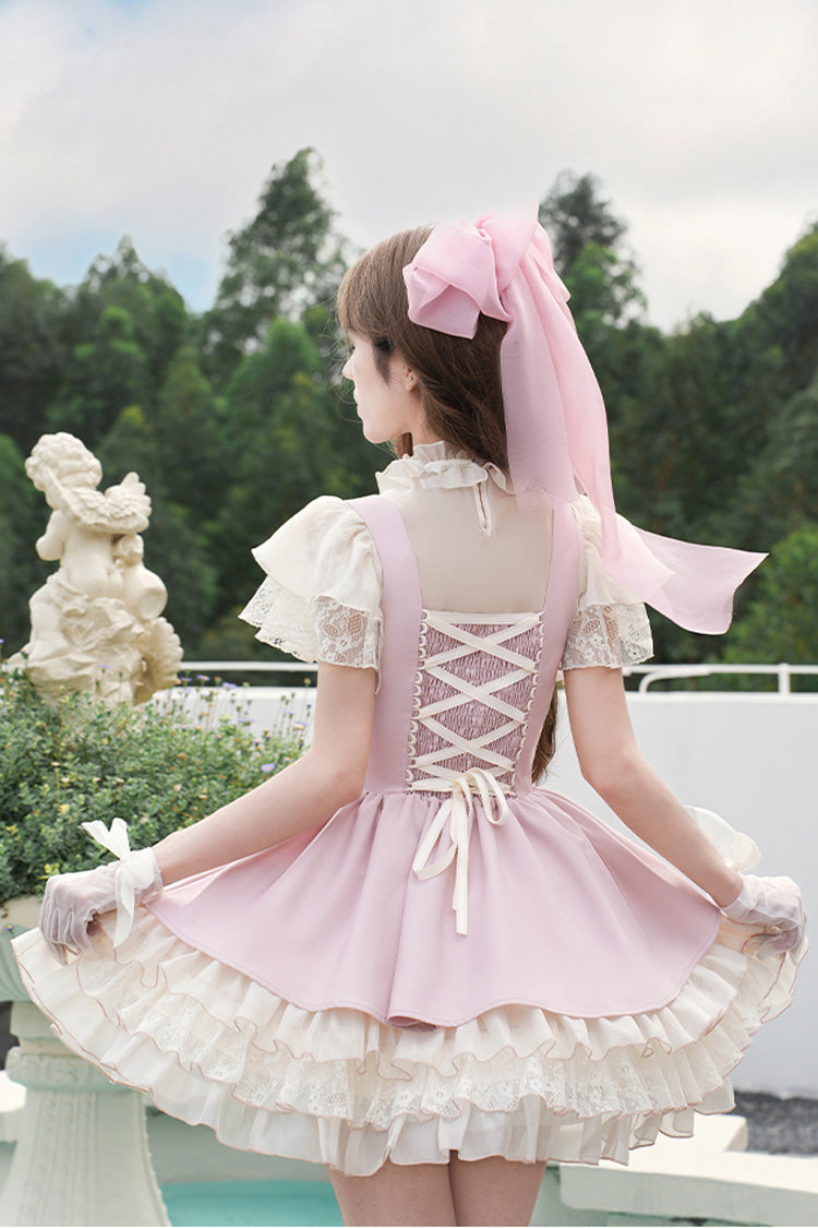 Pink Multi-Tier Ruffle Bow Lace-Up Sweet Lolita Corset Gown - Love Diary