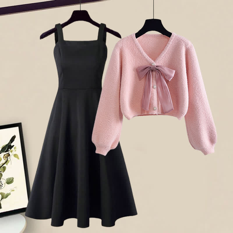 Pink Bow Knot V-neck Cardigan Sweater Slip Dress Set