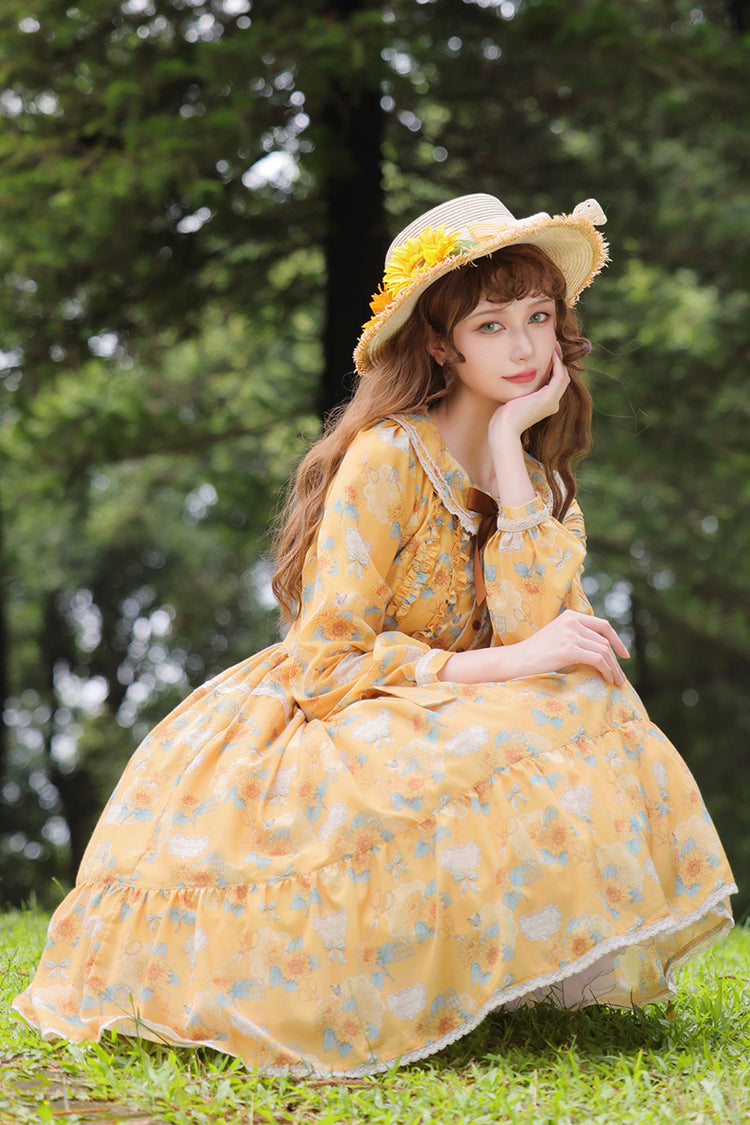 Golden Long-Sleeve Ruffled Bow Sunflower Elegant Dress