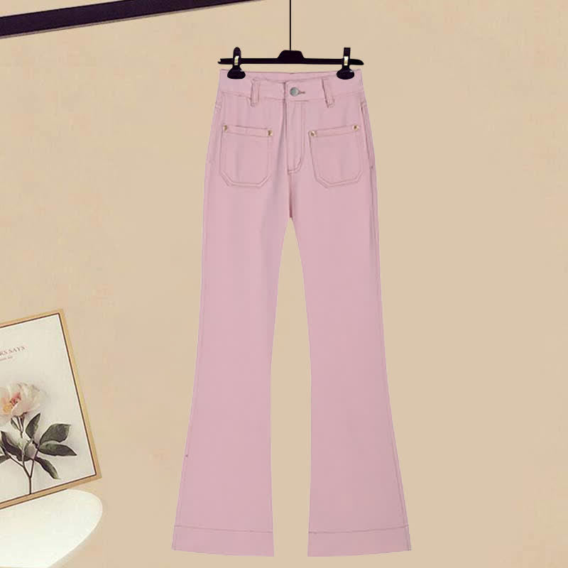 Set Sleeve Denim Puff Shirt Flared Pink Pants