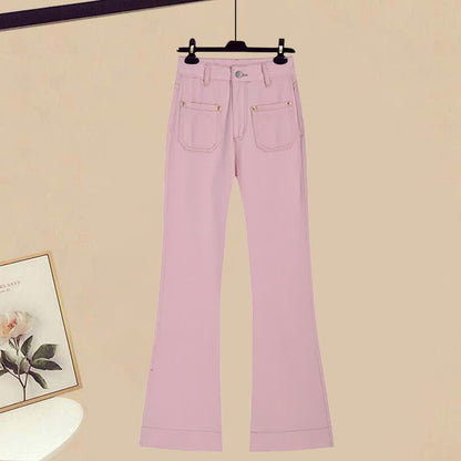 Set Sleeve Denim Puff Shirt Flared Pink Pants