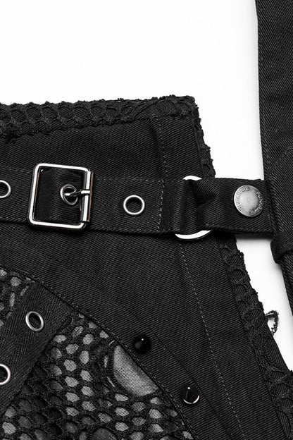 Steampunk Women's Shorts with Faux Leather Stitching Mesh and Buckles