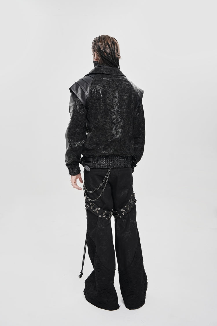 Men's Punk Coat with Buckle Zipper Straps and Stitched Black Faux Leather
