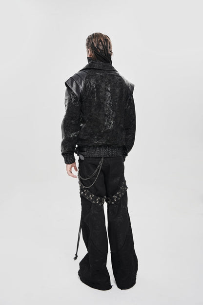 Men's Punk Coat with Buckle Zipper Straps and Stitched Black Faux Leather