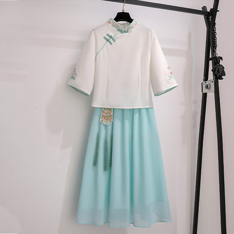 Vintage Buckle White Tassel Hanfu Shirt Skirt