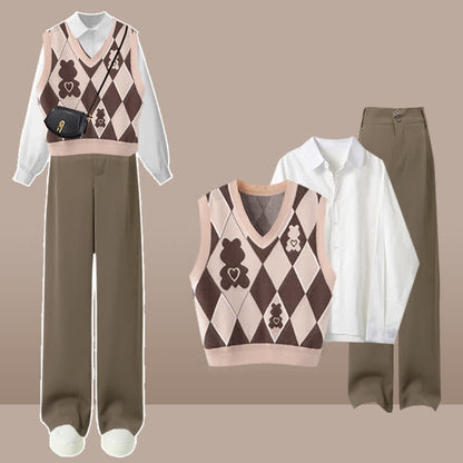 Suit Bear Print Cute Waist Lapel Vest Shirt Pants High