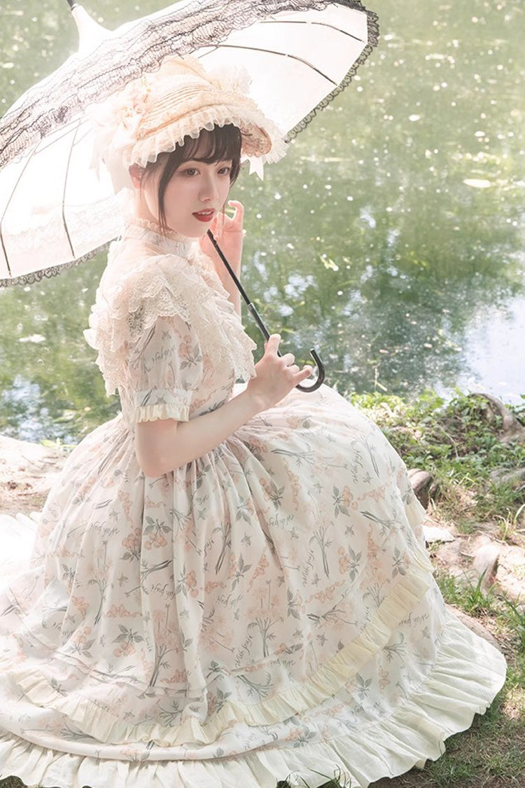 Daisy Cherry Embroidered Edwardian Lolita Dress with Short Sleeves