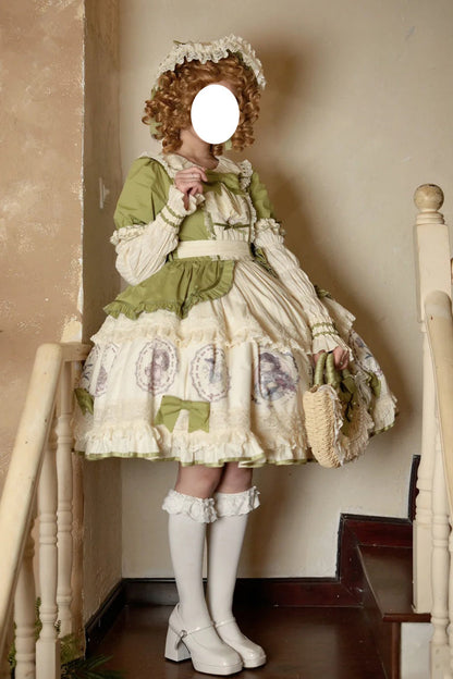 Emerald Little Ida's Flowers Short Sleeves Print Ruffle Bow Sweet Lolita Dress
