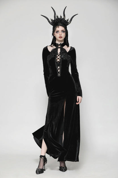 Long Sleeve Cut-Out Lace-Up Gothic Side Slit Velvet Party Wedding Dress