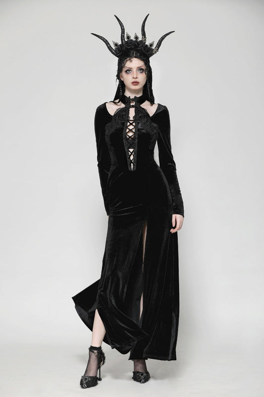 Long Sleeve Cut-Out Lace-Up Gothic Side Slit Velvet Party Wedding Dress
