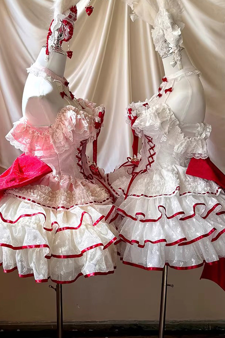Cupid Strawberry Sleeveless Triple Layer Ruffle Bow Princess Ballet Sweet Lolita Dress 2 Colors