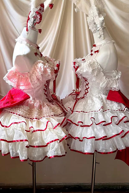 Cupid Strawberry Sleeveless Triple Layer Ruffle Bow Princess Ballet Sweet Lolita Dress 2 Colors