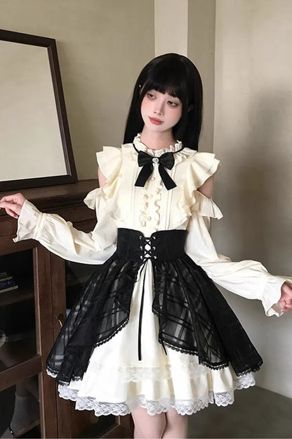 Black Beige Dark Chocolate Champagne Stand Collar Off Shoulder Long Sleeve Double Layer Ruffle Sweet Japanese Lolita Dress
