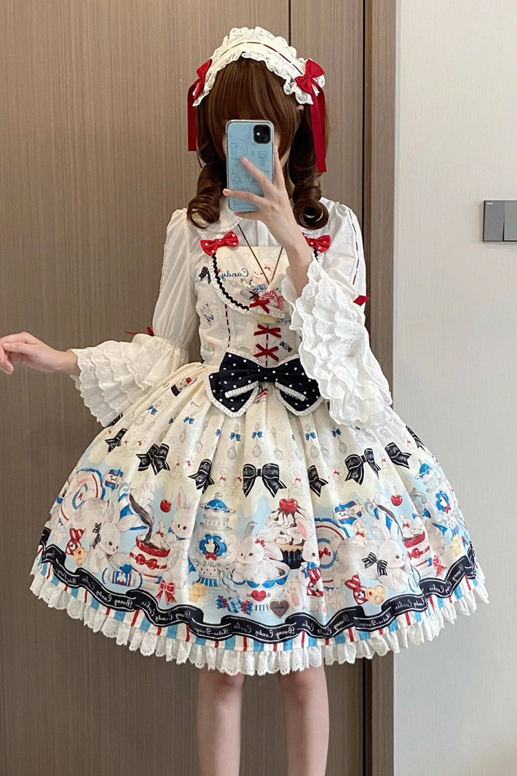 Mystery Rabbit Tea Party Sleeveless Print Ruffle Bowknot Lace Sweet Lolita JSK Dress in Beige