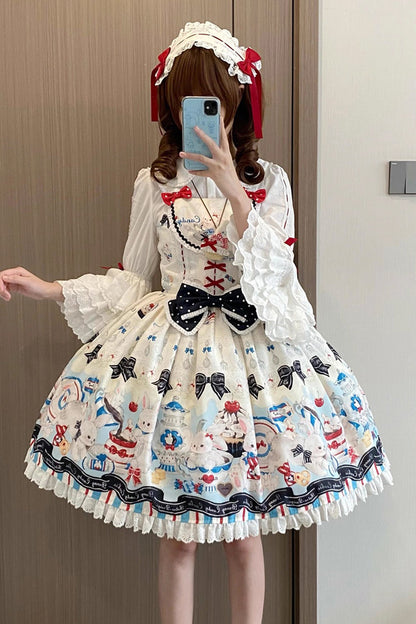Mystery Rabbit Tea Party Sleeveless Print Ruffle Bowknot Lace Sweet Lolita JSK Dress in Beige