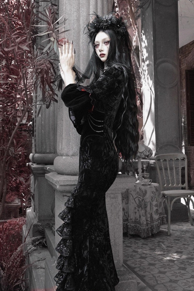 Square Collar Gothic Mermaid Dress with Multi-Layered Ruffled Embroidery - Castle of Dark Romance