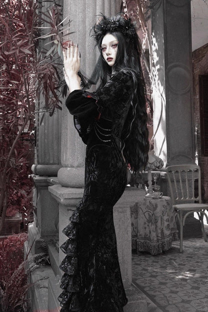 Square Collar Gothic Mermaid Dress with Multi-Layered Ruffled Embroidery - Castle of Dark Romance