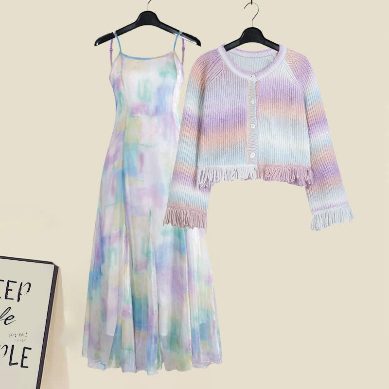 Sweet Tie Dye Fringed Cardigan Sweater Chiffon Slip Dress