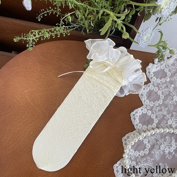 Black/Light Yellow/White Bowknot Details Lace Trim Hollow-out Underknee Stockings