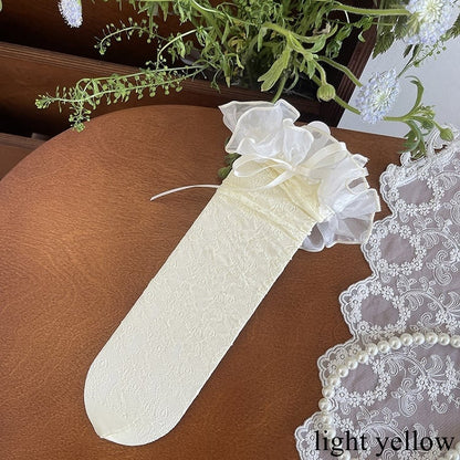 Black/Light Yellow/White Bowknot Details Lace Trim Hollow-out Underknee Stockings