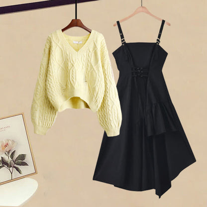 Cable Set Sweater Slip Irregular Up Knit Dress Lace