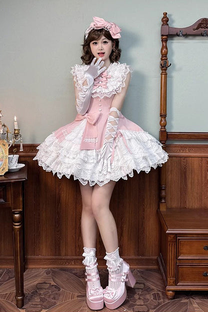 Rose Miss Tsundere Sleeveless Layered Ruffle Bow Lace Asymmetrical Princess Sweet Dress