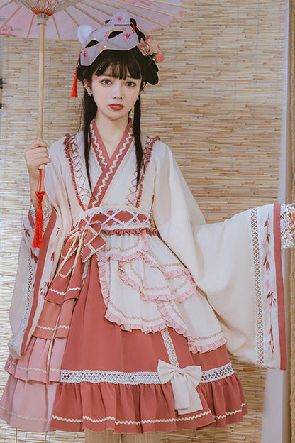 Multi-Layered Ruffled Wide-Sleeved Sweet Lolita OP Dress in Beige and Pink