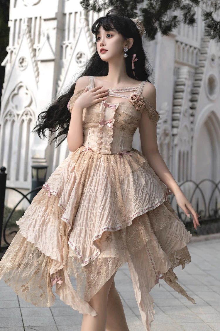 Golden Sleeveless High-Waist Printed Asymmetric Sweet JSK