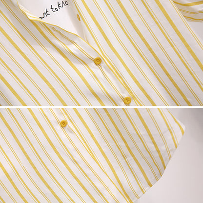 T-Shirt Stripe Pieces Denim Fake Pocketed Shorts Two Lapel