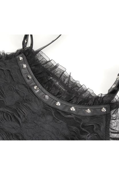 Asymmetric Strap Gothic Slip Dress with Lace Detail - NoirEdge