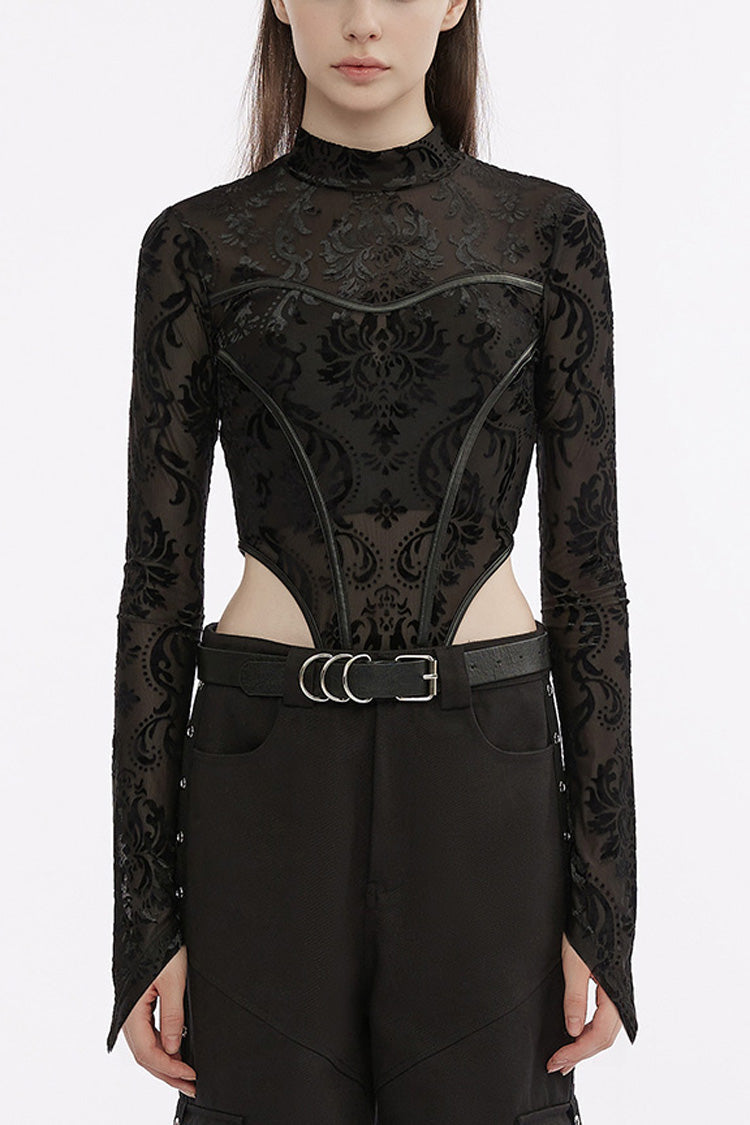 Punk Women's Long-Sleeve Round-Neck Faux Leather Panel Print Bodysuit